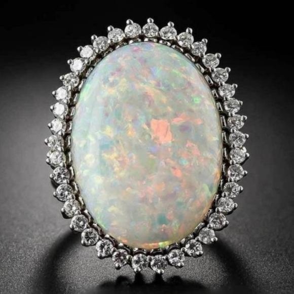 Jewelry - NEW HUGE OPAL DIAMOND HALO STERLING SILVER RING, CUTE RING, SHINY RING.
